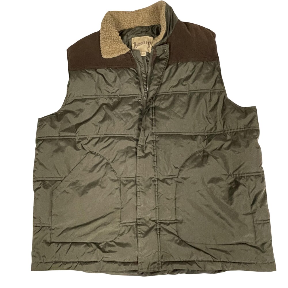 Sears Roebuck & Co Vest Mens 2XL Green Quilted Sherpa Collar Puffer Workwear